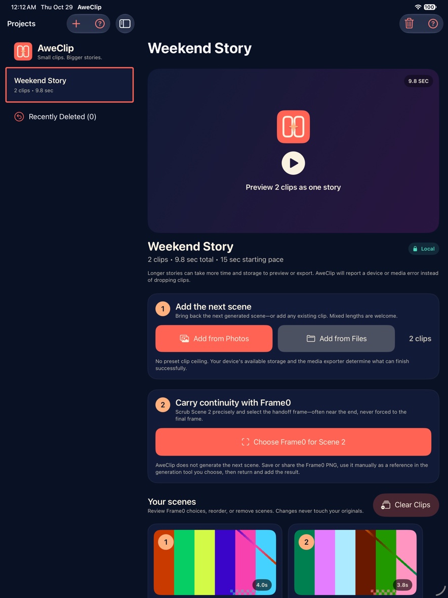 AweClip 1.2 Weekend Story screen showing two clips, story preview, Frame0 continuity controls, and scene thumbnails