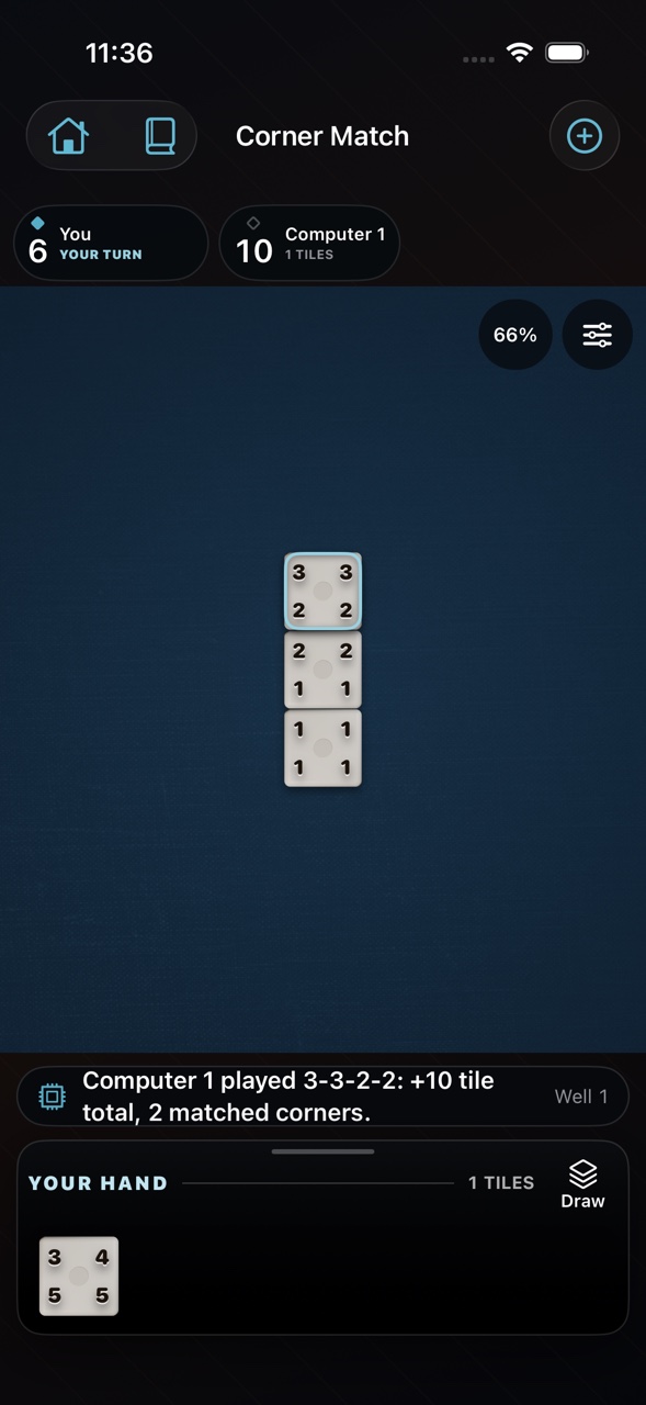 Corner Match game showing the current blue tabletop, numbered ivory tiles, score, turn, and hand controls