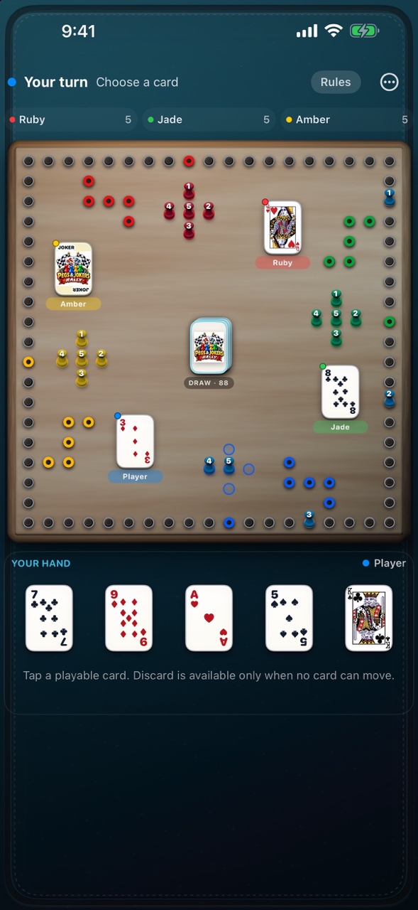Pegs & Jokers Rally game in progress on the current light wood board, with four colored peg sets and the player's cards